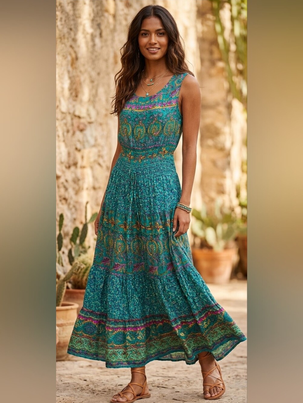 Vintage Carole Little Teal Paisley Tiered Maxi Dress with Multicolor Accents